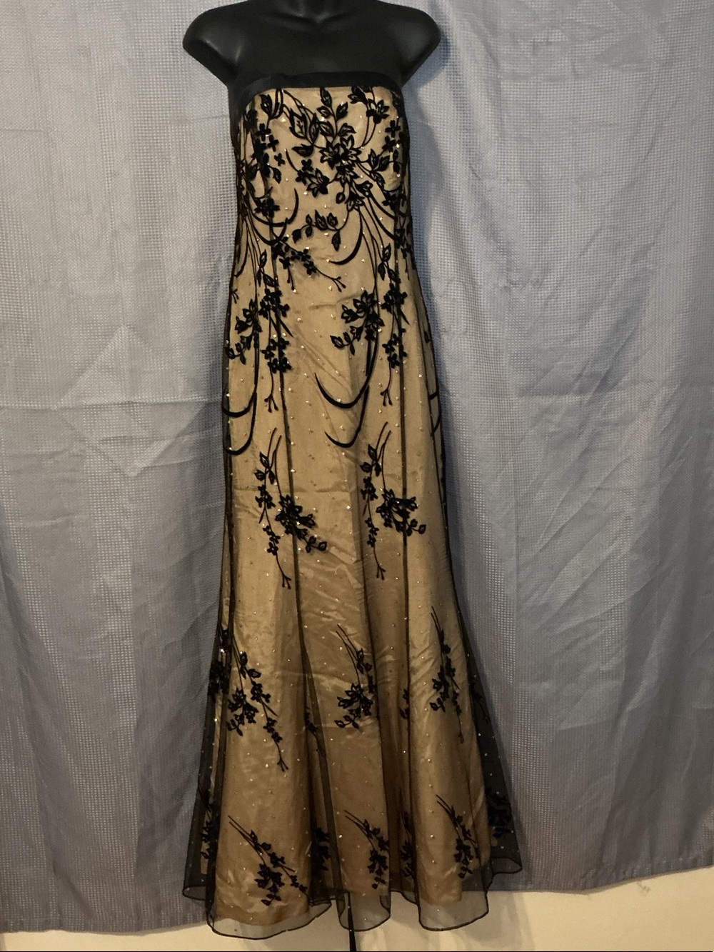 Strapless Black-Embellished Champagne Evening Gown